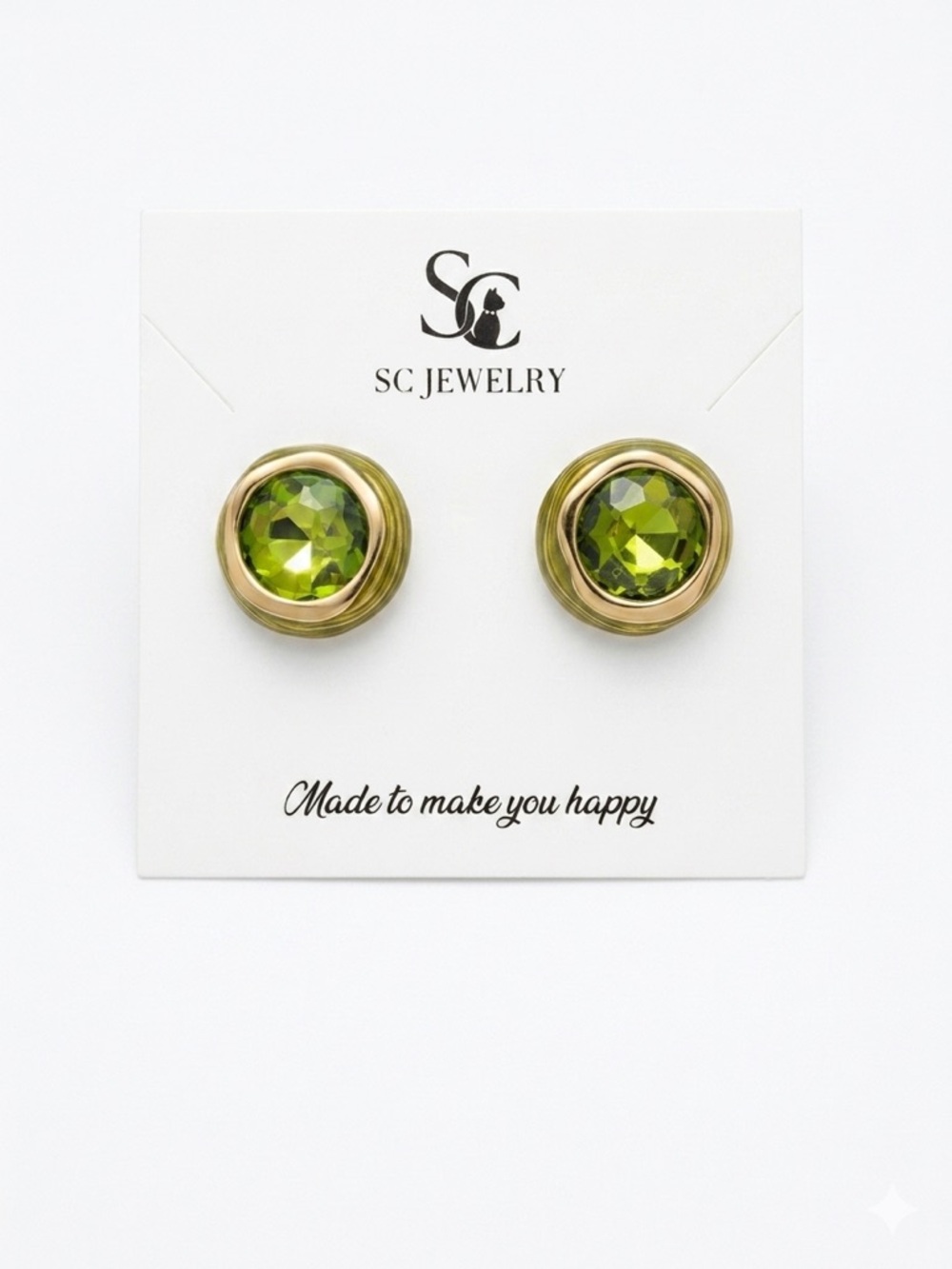 NEW Round 14K Gold Plated Peridot Green Austrian Crystal & Enamel Stud Earrings - Picture 2 of 3